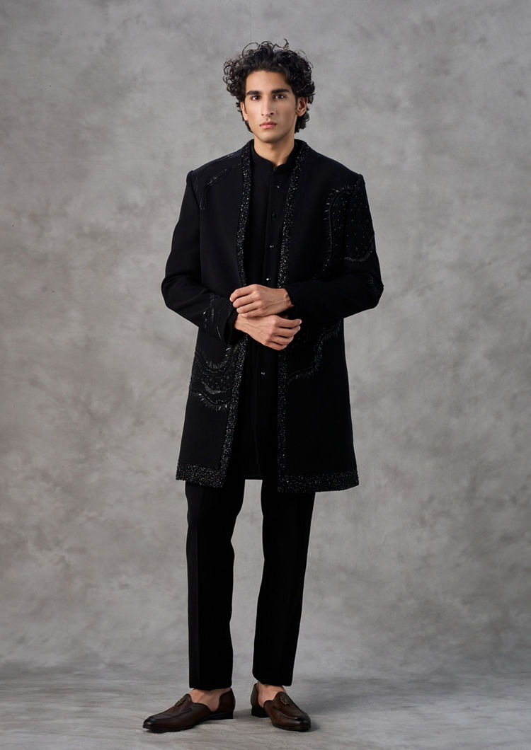 Twamev Men Black Crepe Sequin Embroidered Indo Western Set