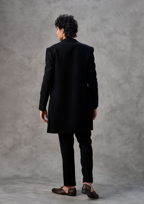 Twamev Men Black Crepe Sequin Embroidered Indo Western Set