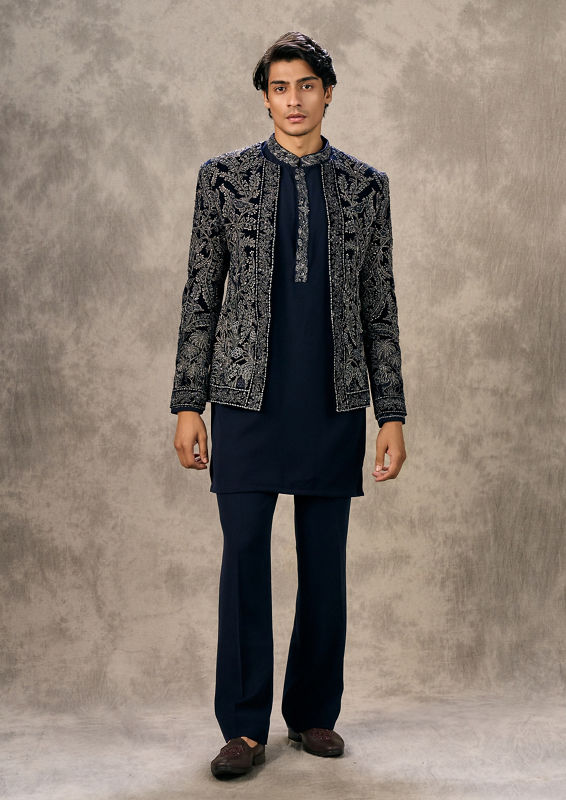 Twamev Men Royal Blue Velvet Mystique Indo Western