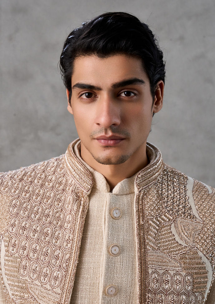 Twamev Men Beige Intricate Jaal Thread Embroidered Indo Western Set
