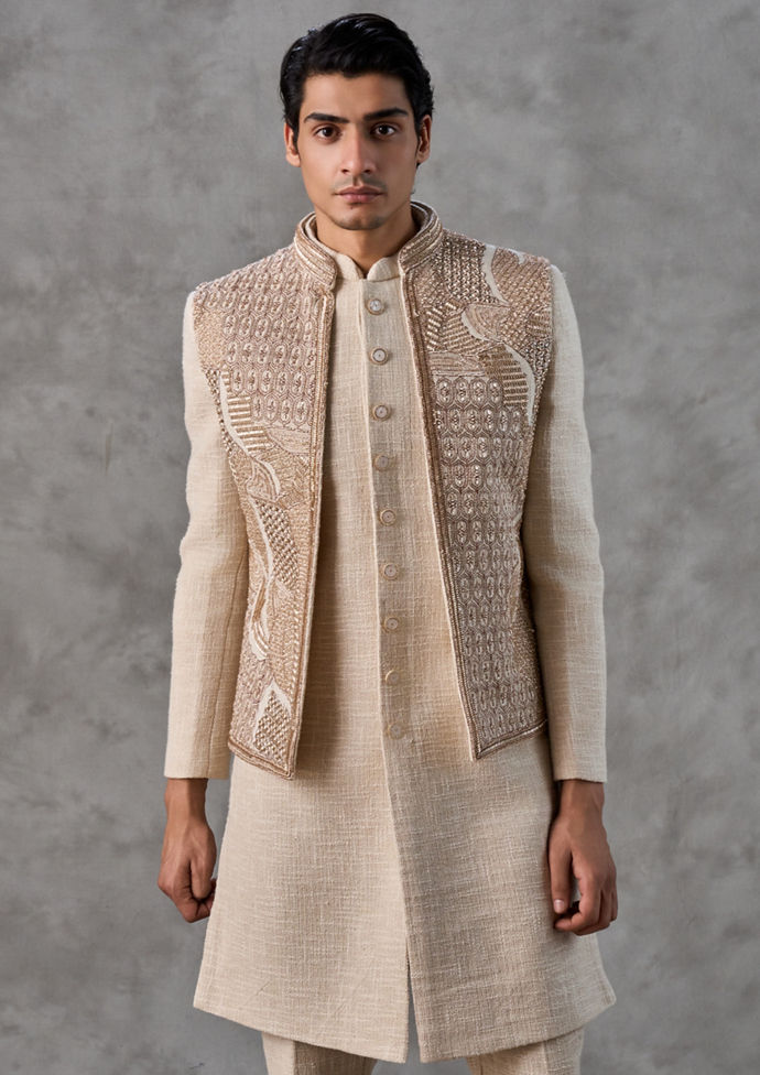 Twamev Men Beige Intricate Jaal Thread Embroidered Indo Western Set