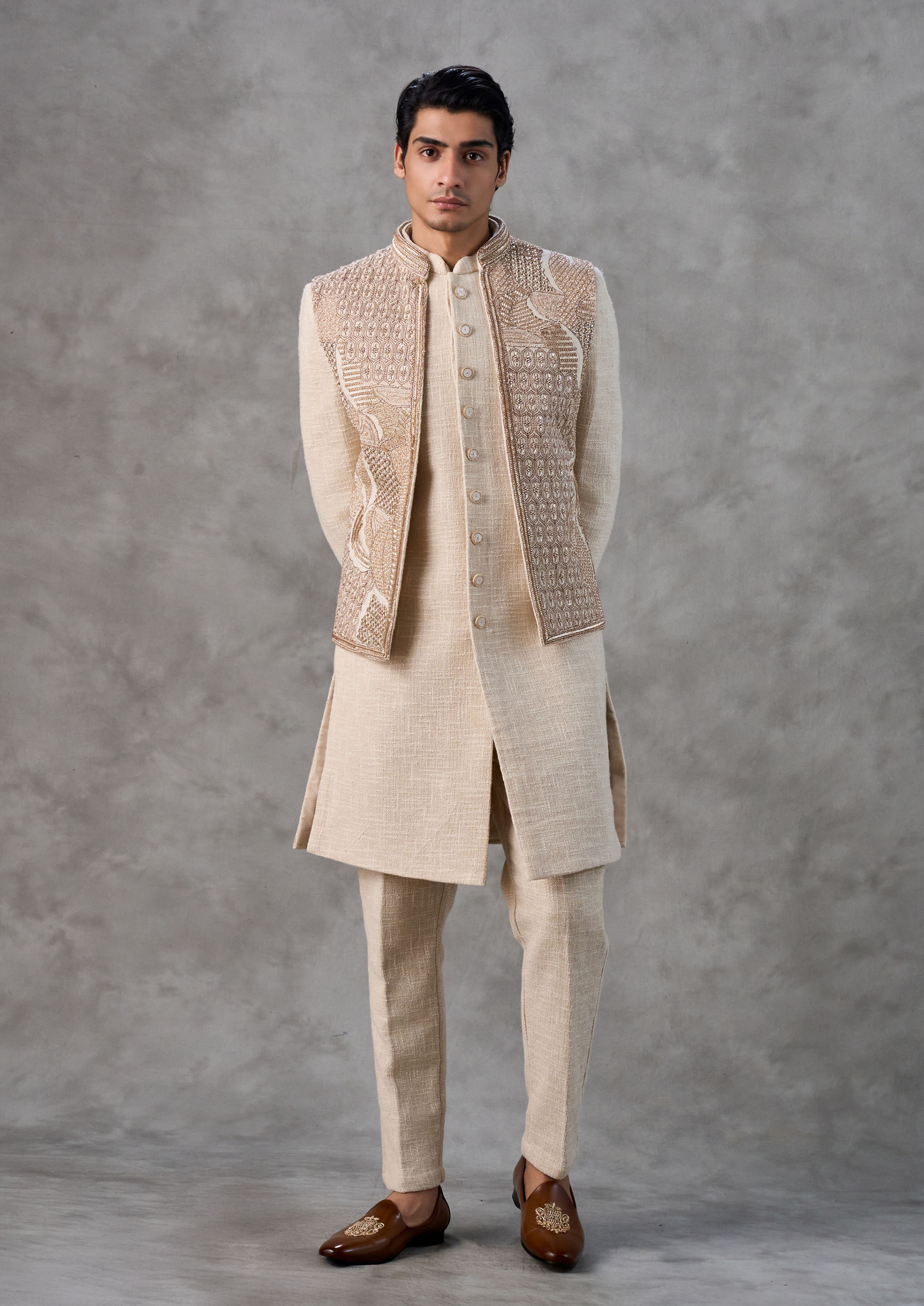 Twamev Men Beige Splendor Indo Western