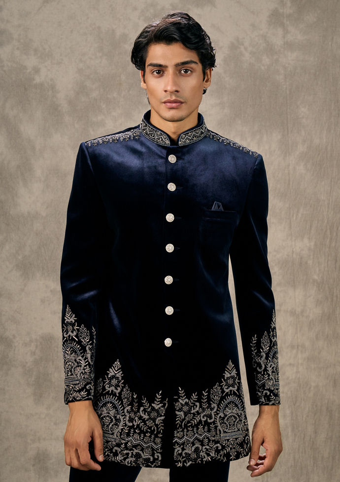 Twamev Men Velvety Dark Blue Splendour Indo Western