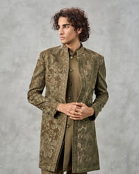Twamev Men Olive Green Velvet Floral Thread Embroidered Indo Western Set