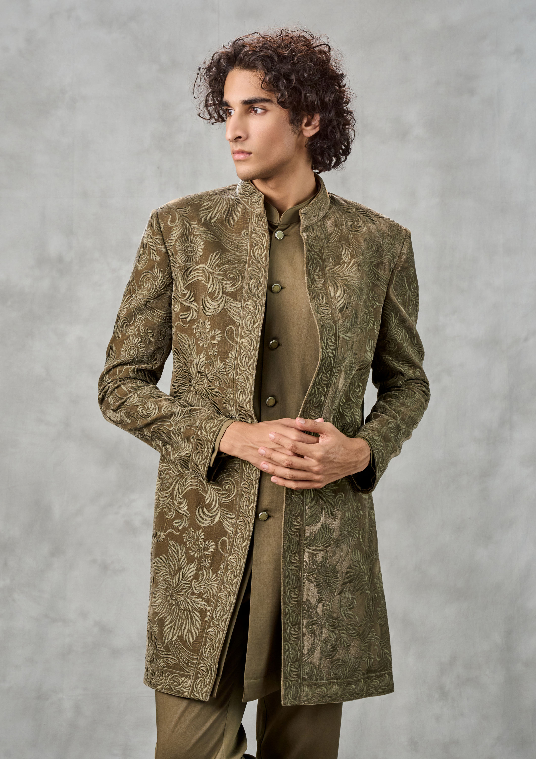 Twamev Men Olive Green Velvet Indo Western Set