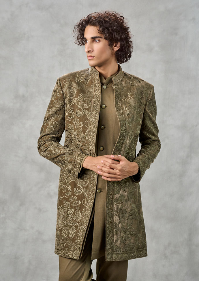 Twamev Men Olive Green Velvet Indo Western Set