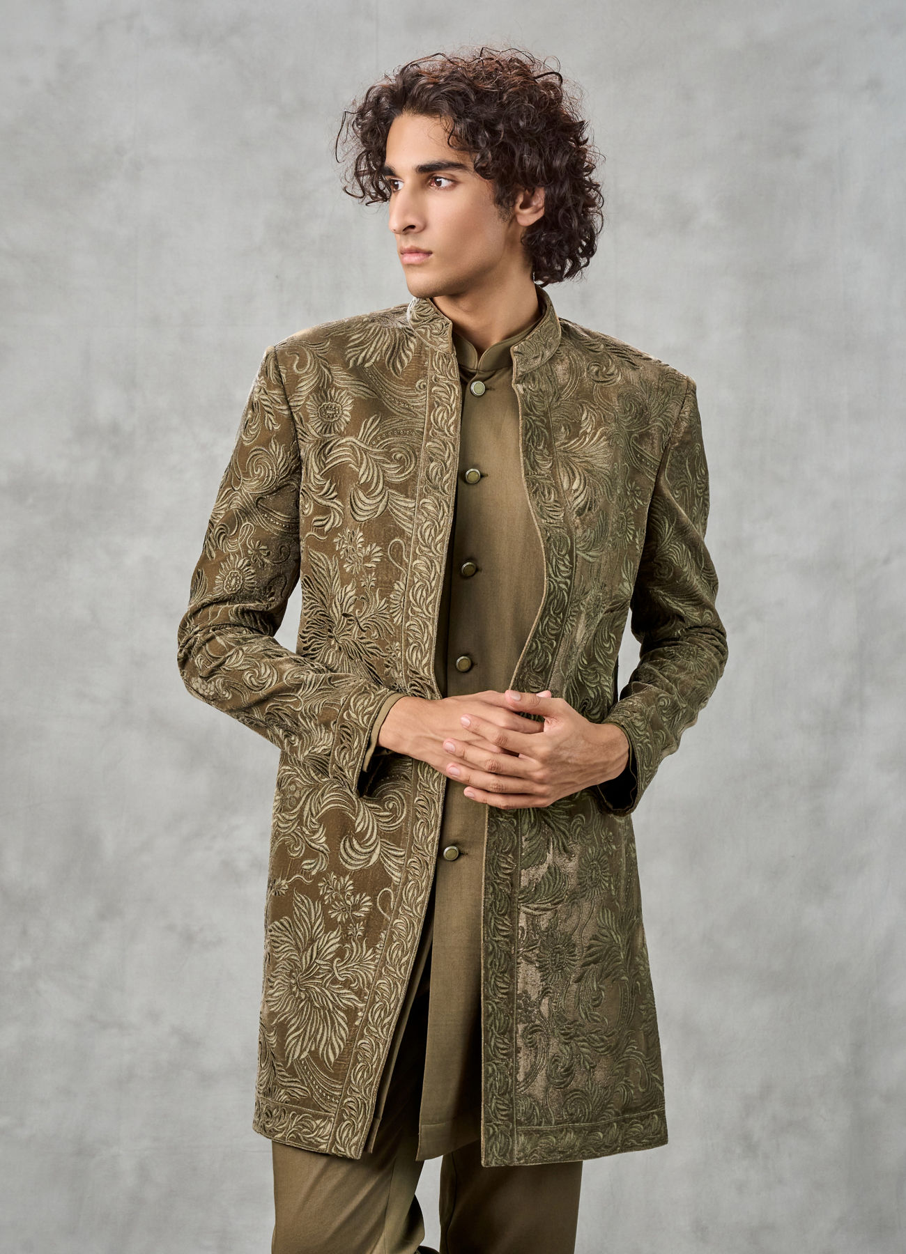 Twamev Men Olive Green Velvet Floral Thread Embroidered Indo Western Set