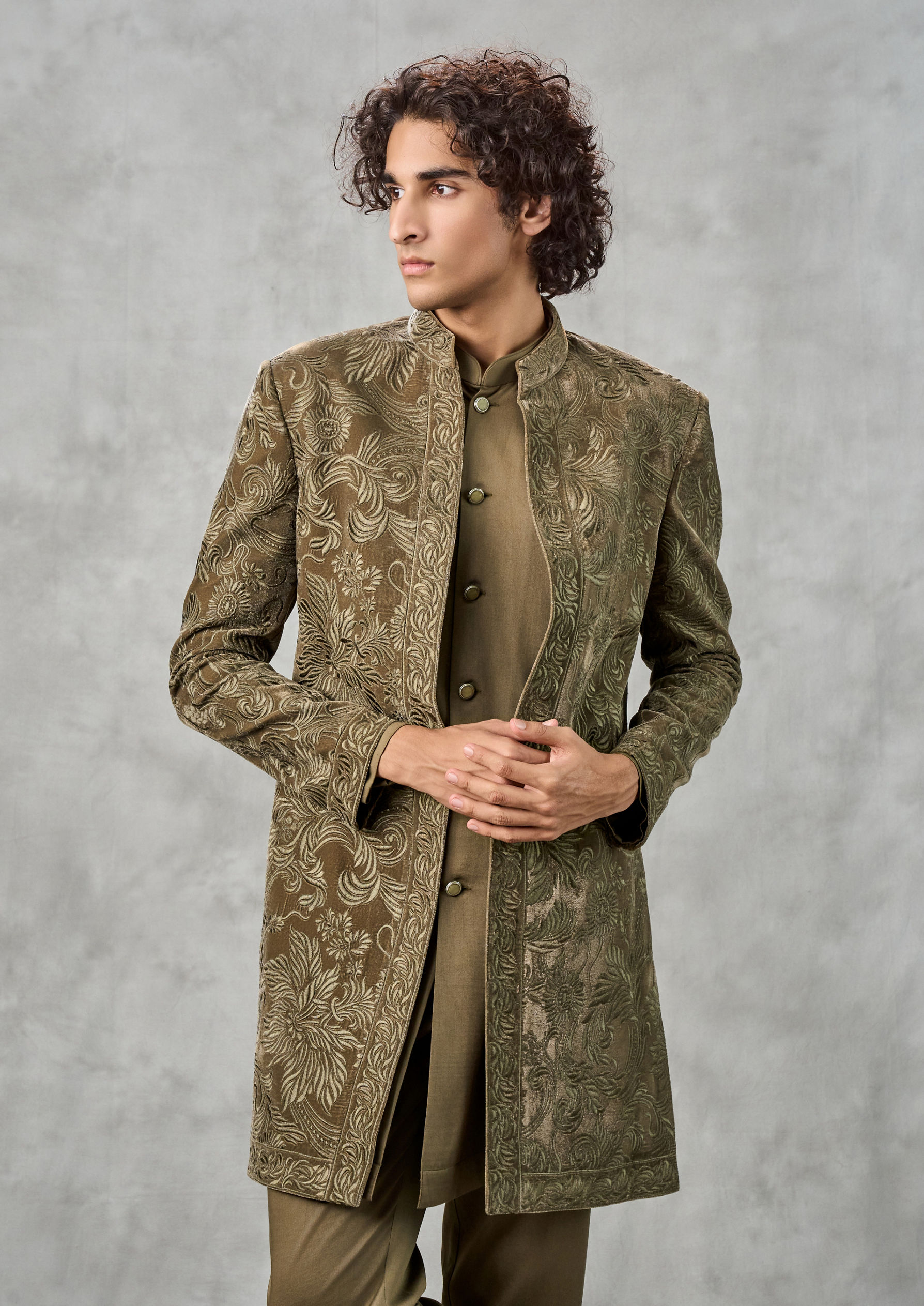 Twamev Men Olive Green Velvet Indo Western Set