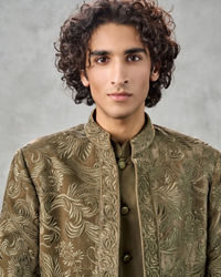Twamev Men Olive Green Velvet Floral Thread Embroidered Indo Western Set