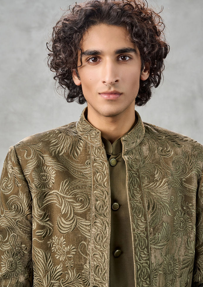Twamev Men Olive Green Velvet Indo Western Set
