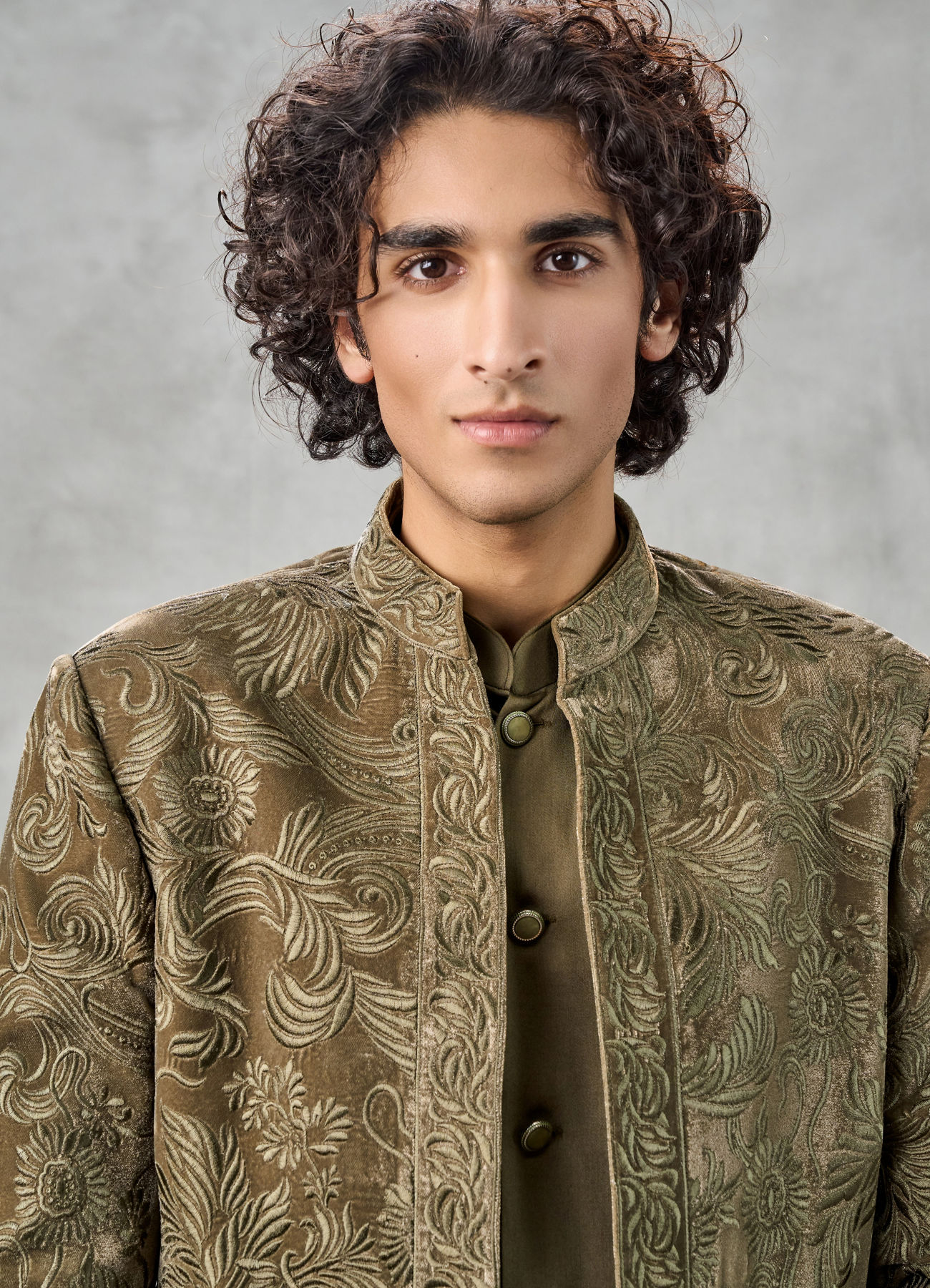 Twamev Men Olive Green Velvet Floral Thread Embroidered Indo Western Set