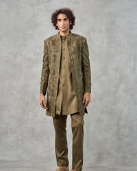 Twamev Men Olive Green Velvet Floral Thread Embroidered Indo Western Set