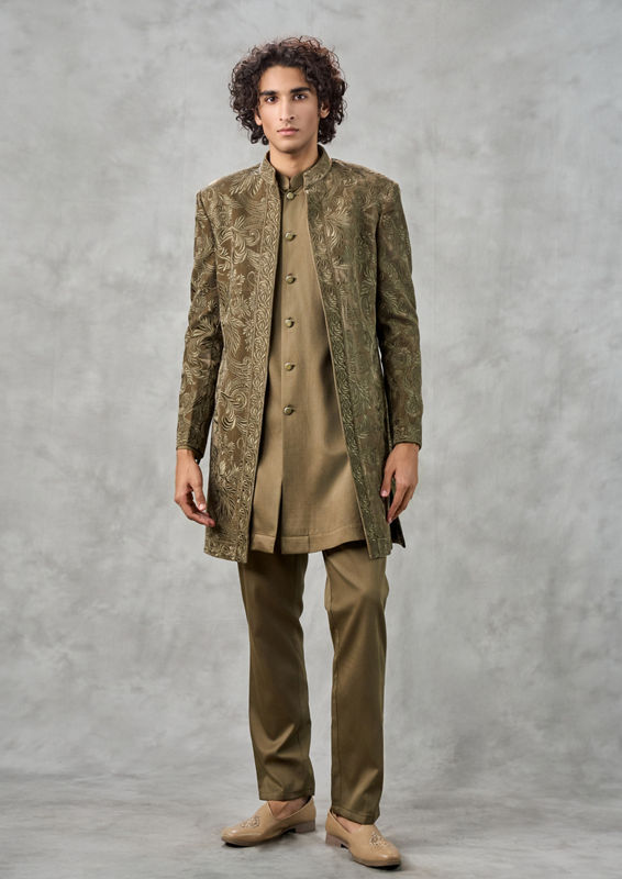 Twamev Men Olive Green Velvet Indo Western Set