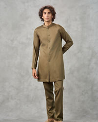 Twamev Men Olive Green Velvet Floral Thread Embroidered Indo Western Set