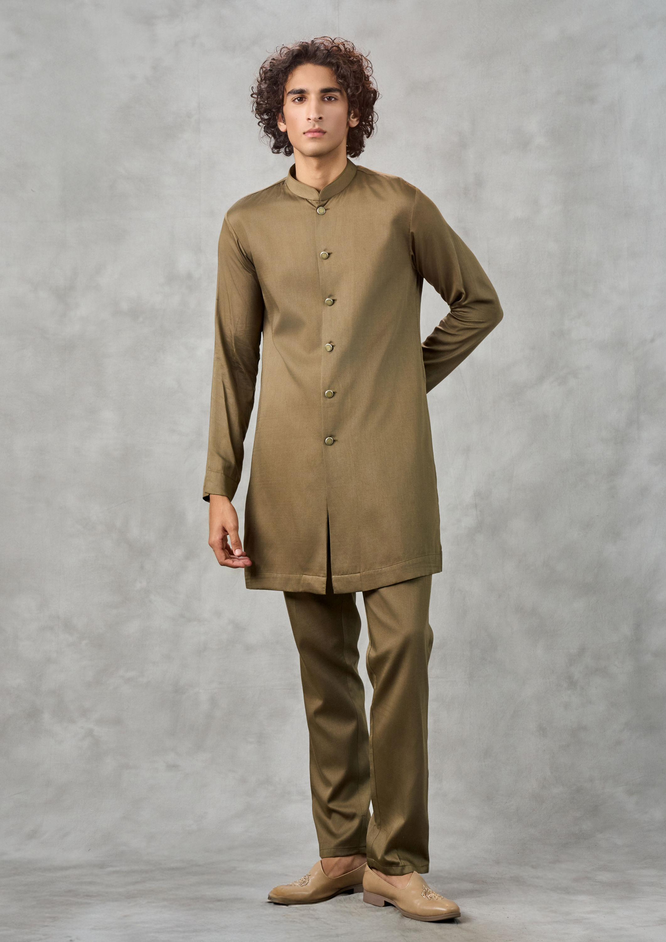 Twamev Men Olive Green Velvet Indo Western Set