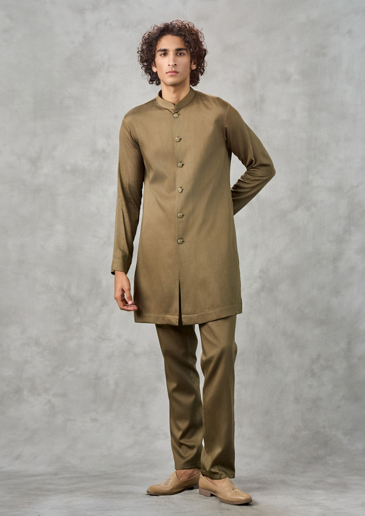 Twamev Men Olive Green Velvet Indo Western Set