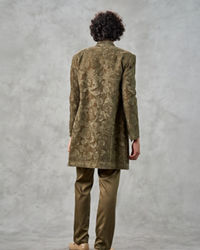 Twamev Men Olive Green Velvet Floral Thread Embroidered Indo Western Set