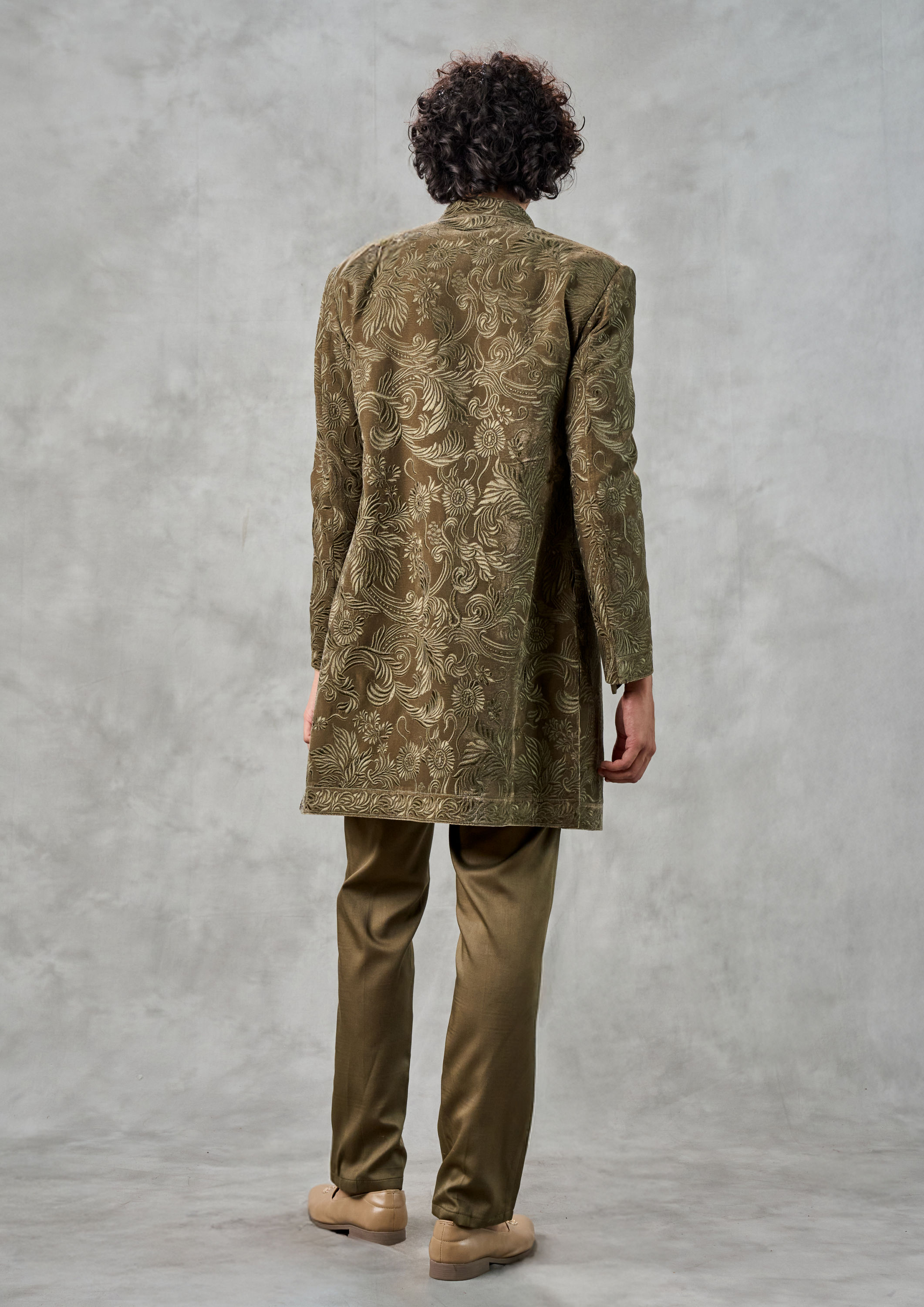 Twamev Men Olive Green Velvet Indo Western Set