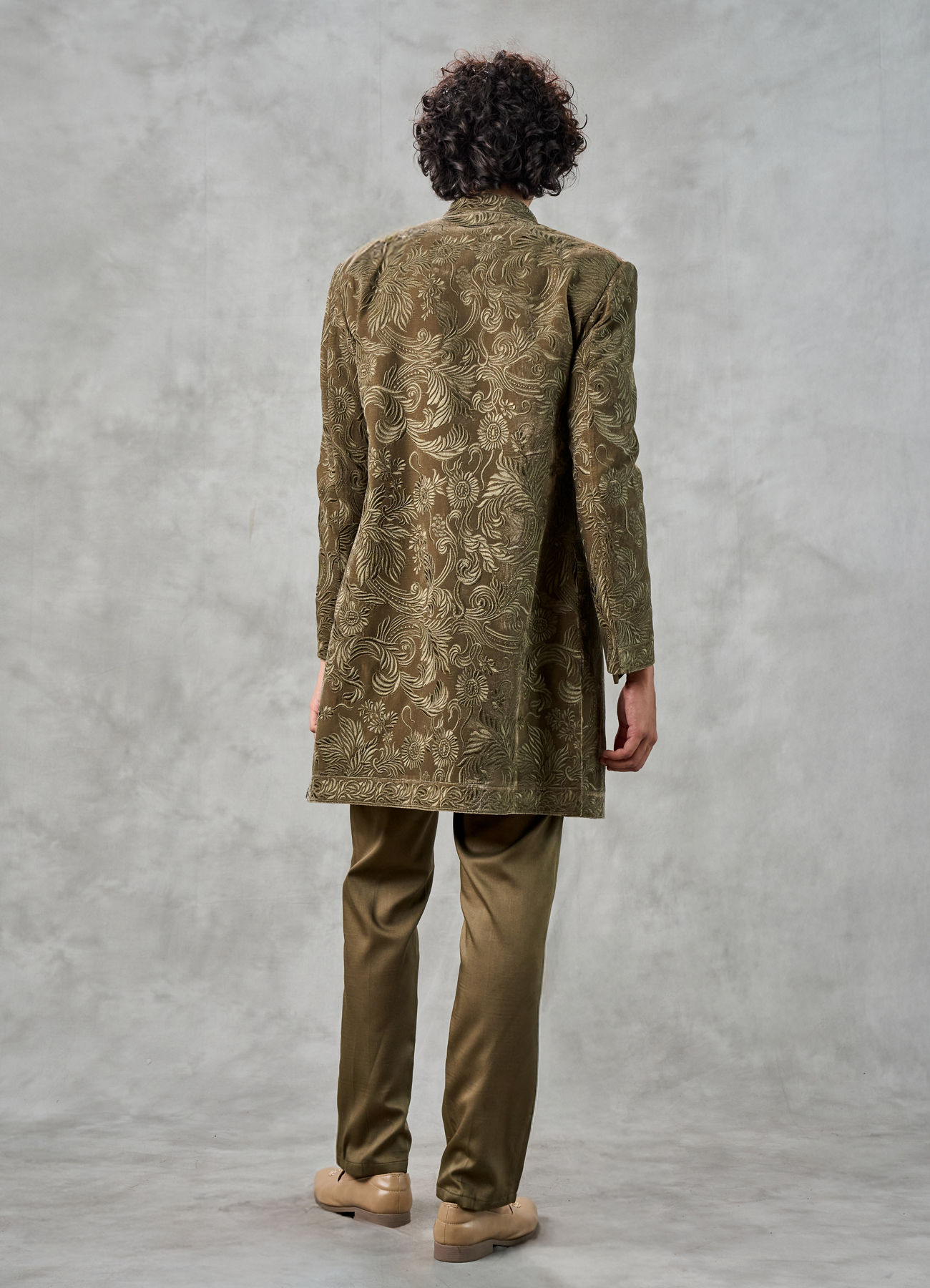 Twamev Men Olive Green Velvet Floral Thread Embroidered Indo Western Set