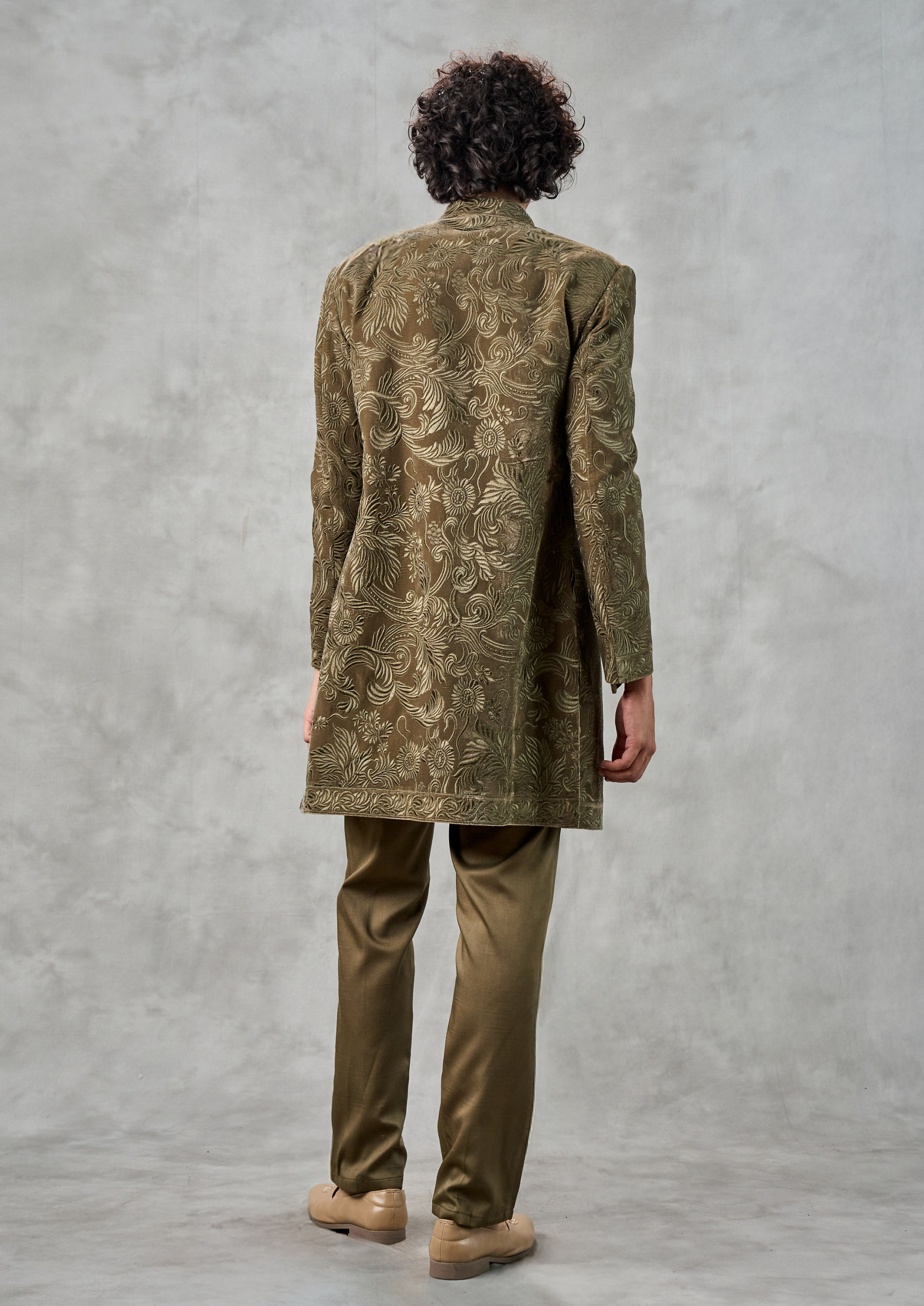 Twamev Men Olive Green Velvet Indo Western Set