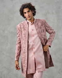 Twamev Men Dusty Pink Velvet Floral Thread Embroidered Indo Western Set