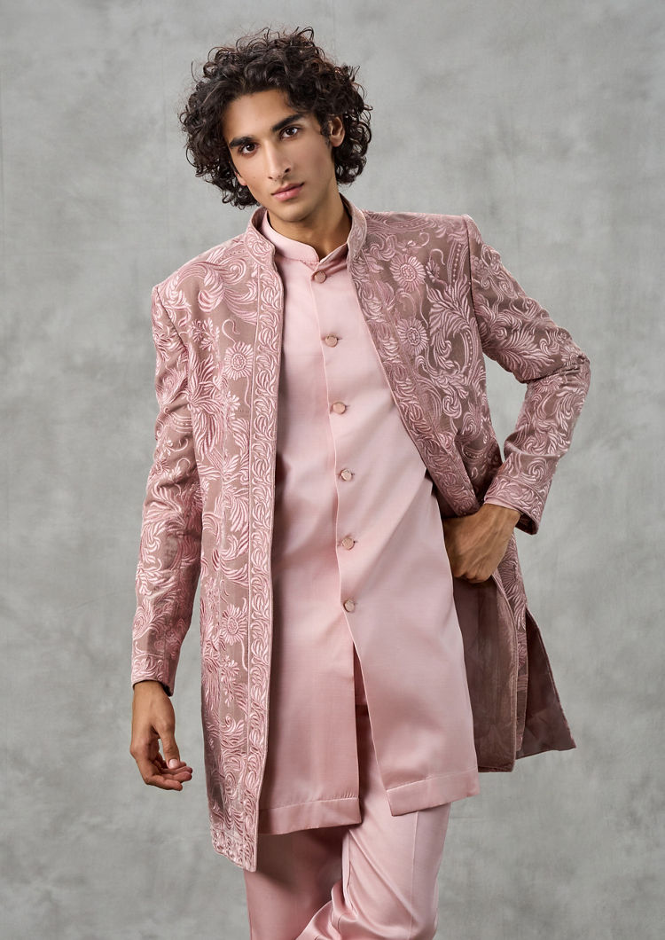 Twamev Men Velvety Dusty Pink Indo Western