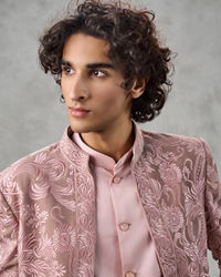 Twamev Men Dusty Pink Velvet Floral Thread Embroidered Indo Western Set