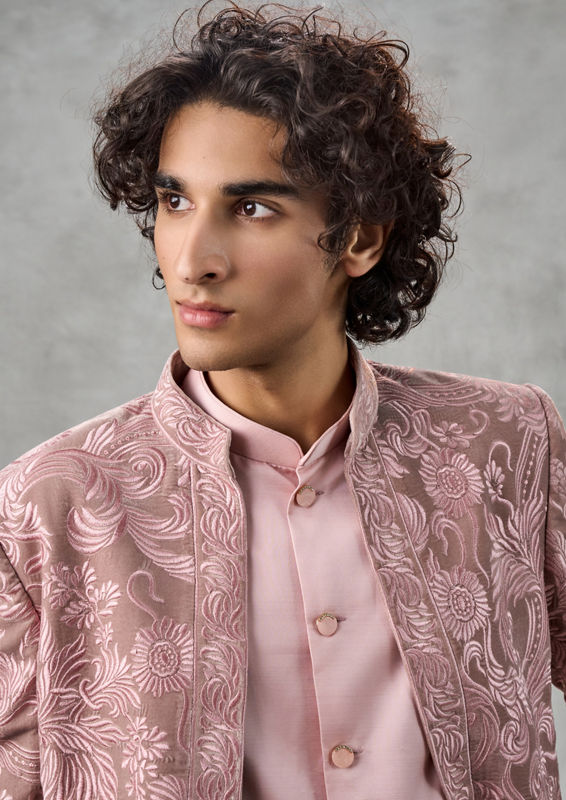 Twamev Men Velvety Dusty Pink Indo Western