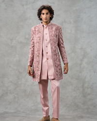 Twamev Men Dusty Pink Velvet Floral Thread Embroidered Indo Western Set