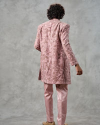 Twamev Men Dusty Pink Velvet Floral Thread Embroidered Indo Western Set