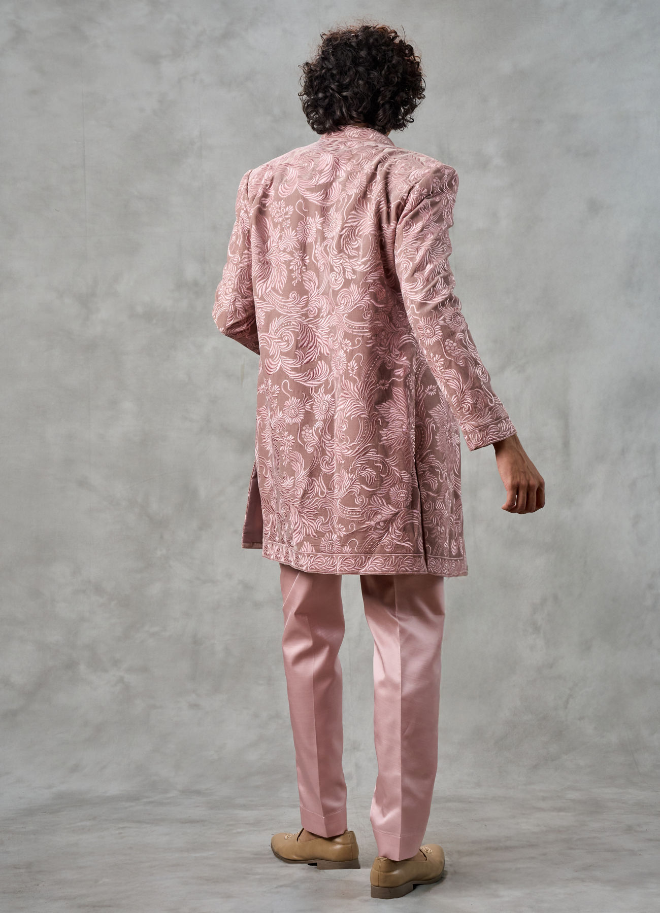 Twamev Men Dusty Pink Velvet Floral Thread Embroidered Indo Western Set