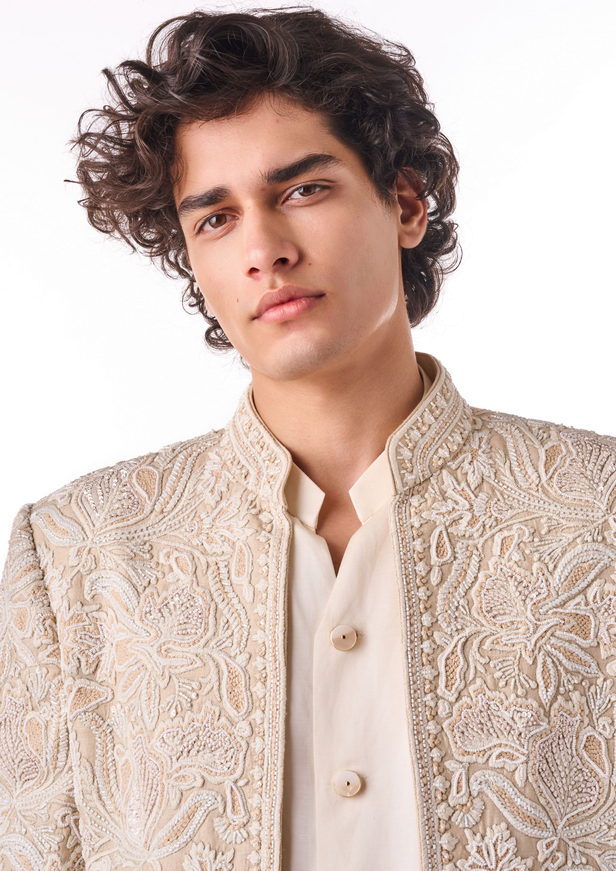 Twamev Men Beige Art Silk Indo-Western Set