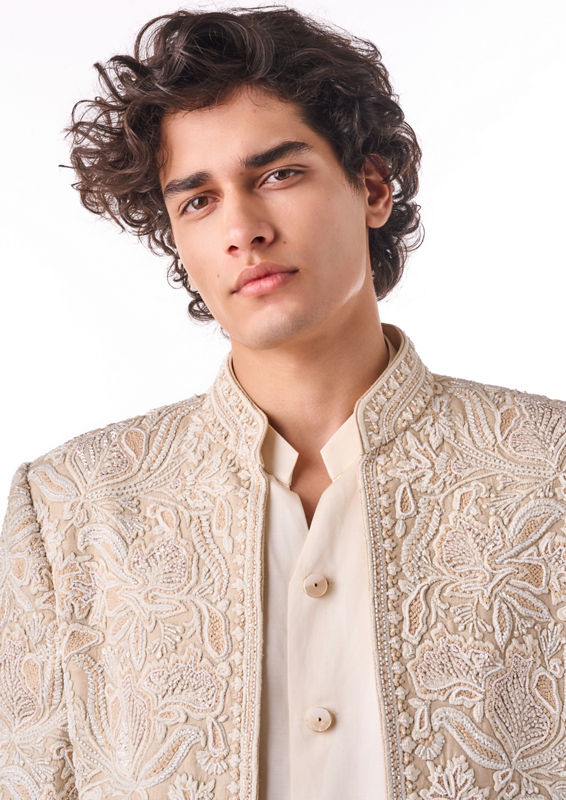 Twamev Men Beige Art Silk Indo-Western Set