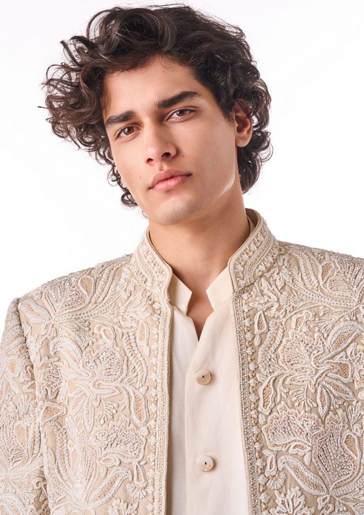 Twamev Men Beige Art Silk Indo-Western Set