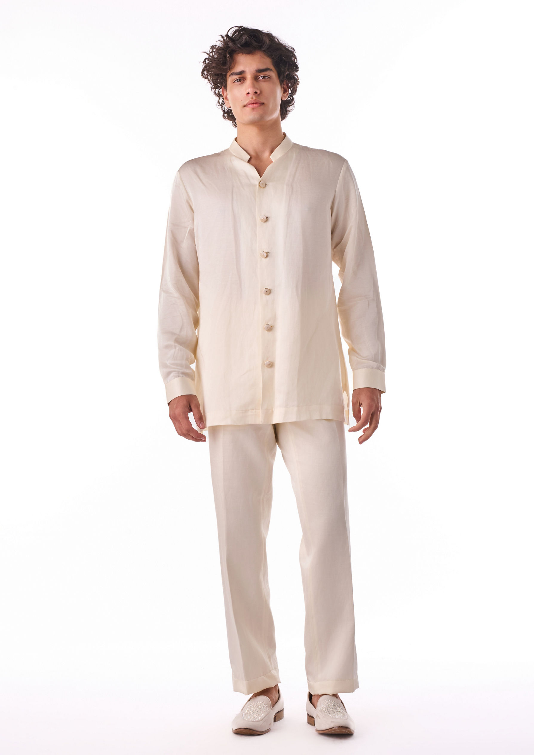 Twamev Men Beige Art Silk Indo-Western Set