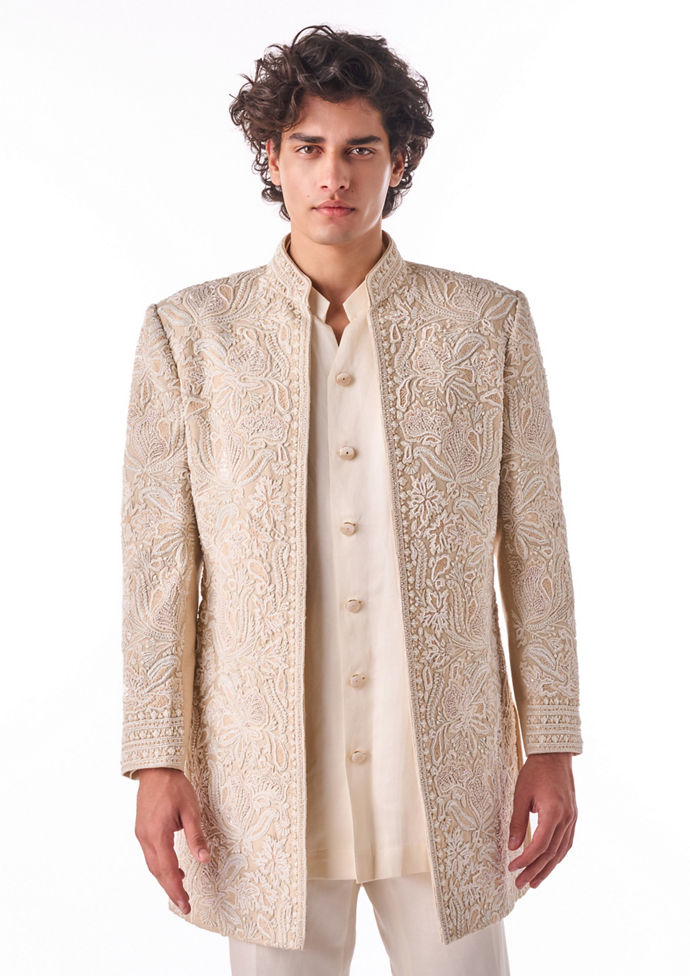 Twamev Men Beige Art Silk Indo-Western Set