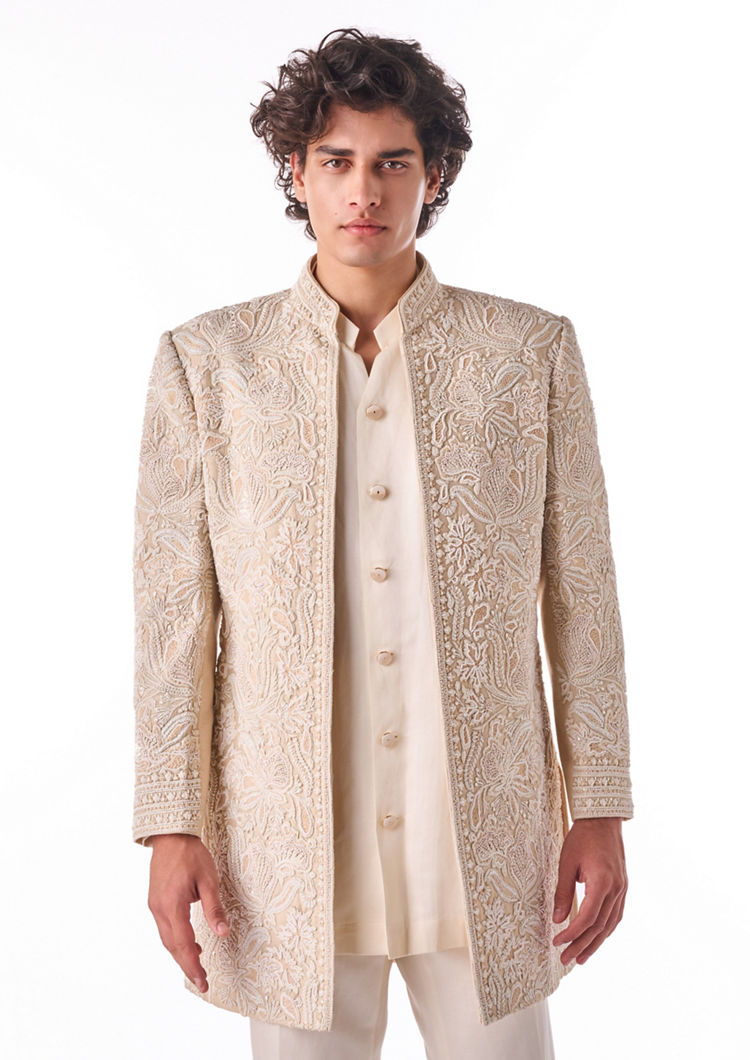Twamev Men Beige Art Silk Indo-Western Set