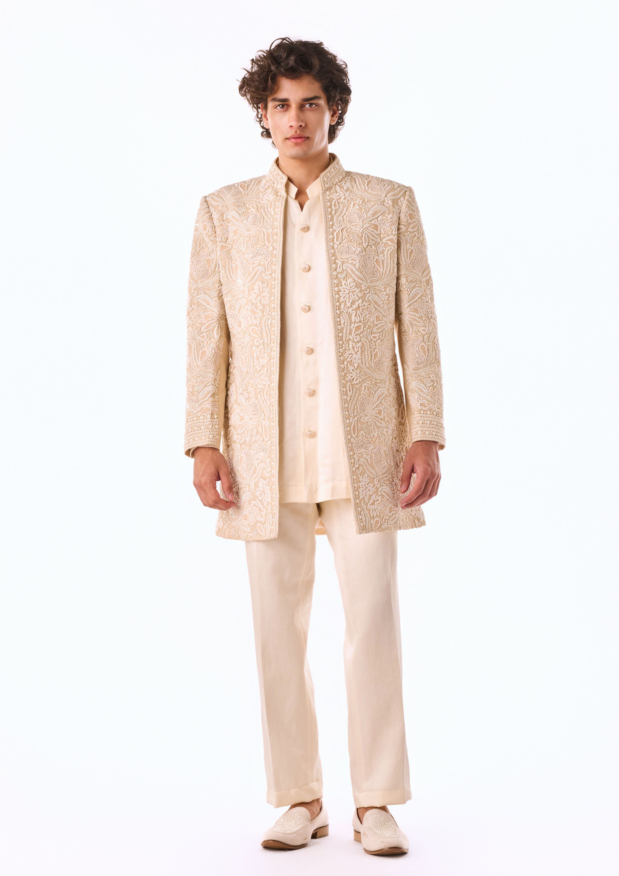 Twamev Men Beige Art Silk Indo-Western Set