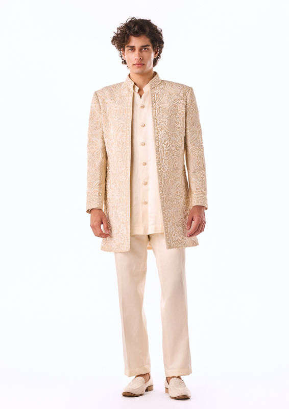 Twamev Men Beige Art Silk Indo-Western Set