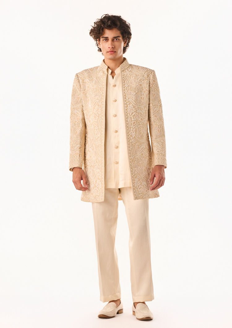 Twamev Men Beige Art Silk Indo-Western Set