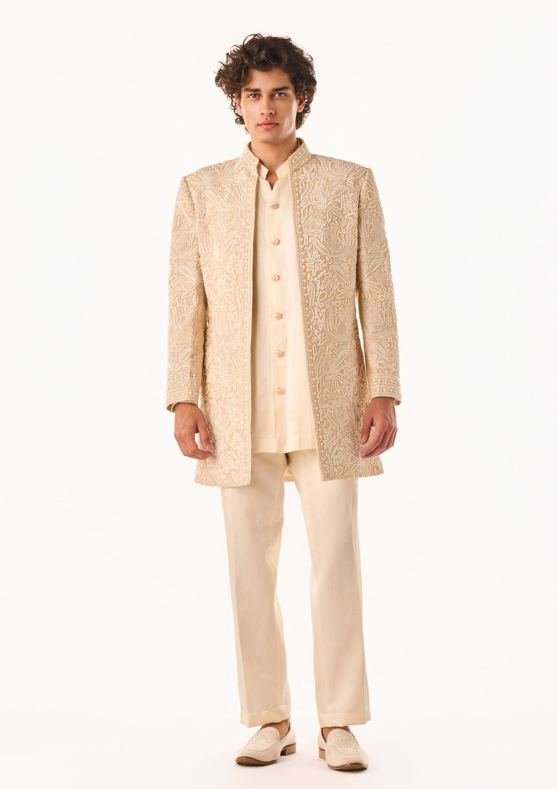 Twamev Men Beige Art Silk Indo-Western Set