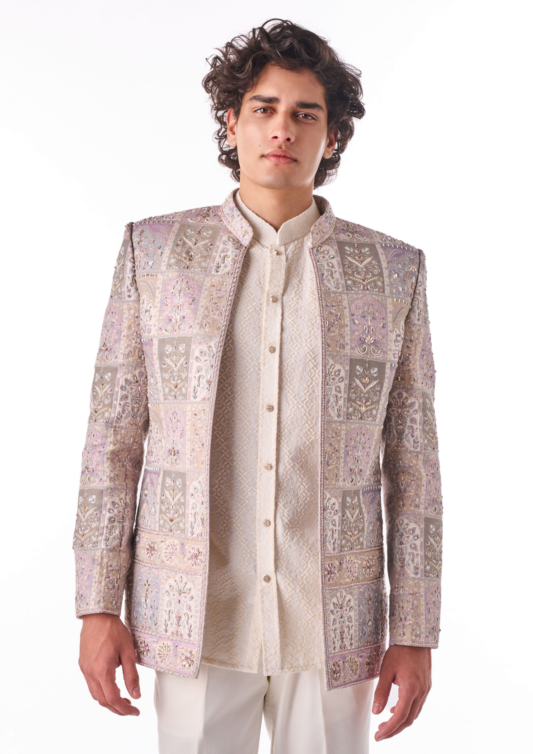 Twamev Men Pink Blended Rayon Indo Western with Embroidery