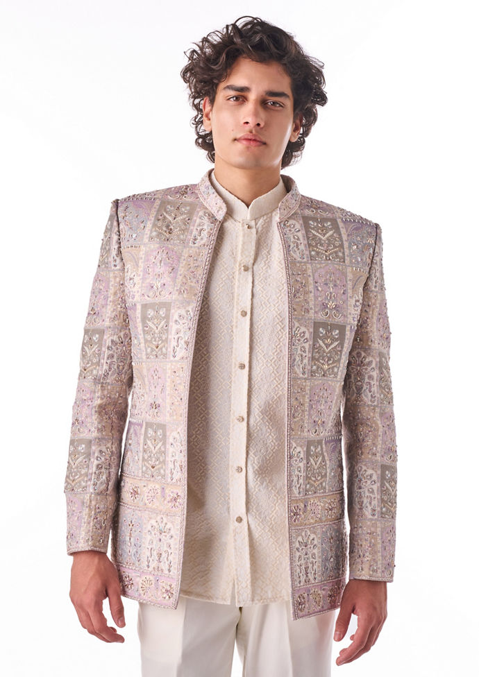 Twamev Men Pink Blended Rayon Indo Western with Embroidery