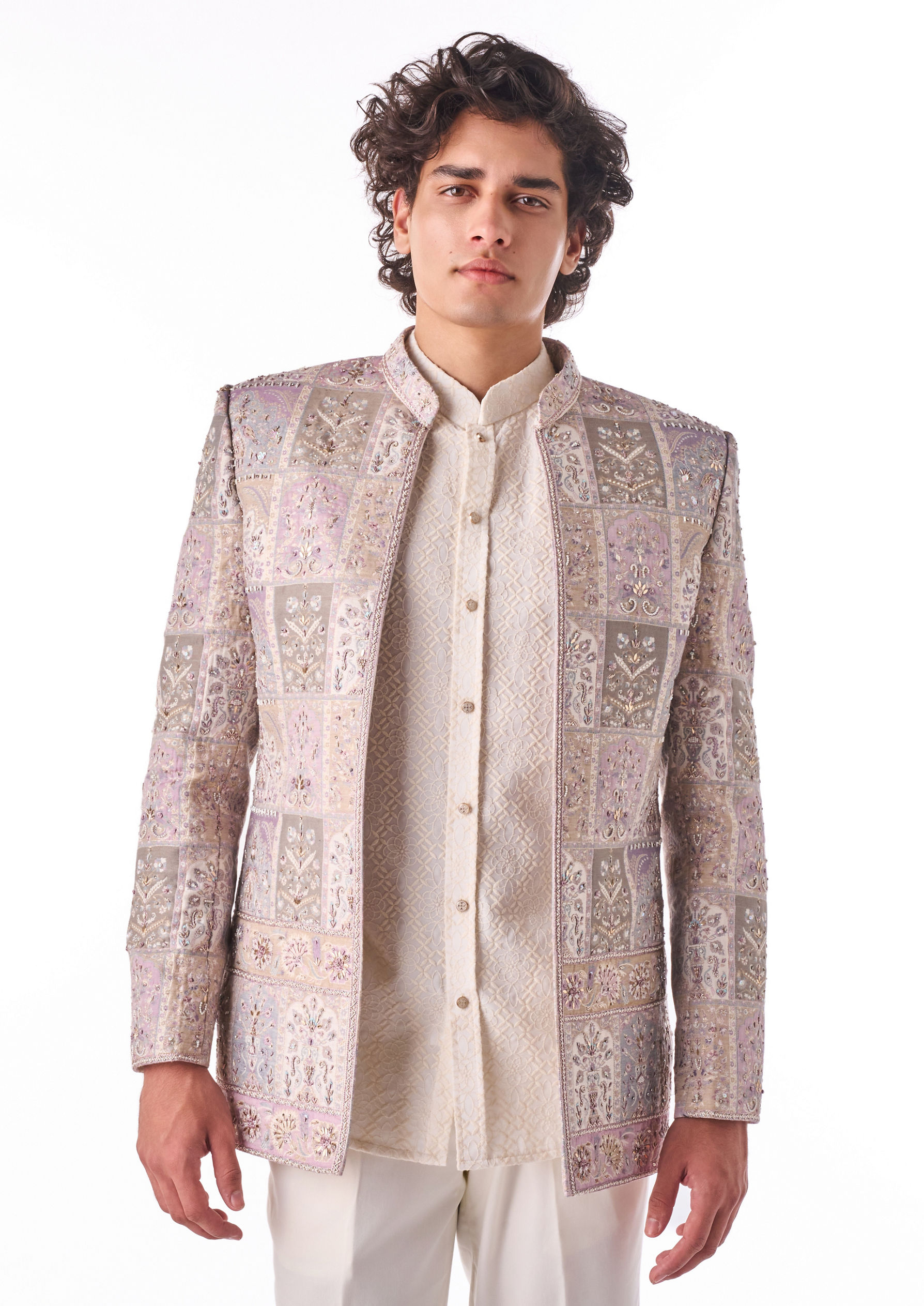 Twamev Men Pink Blended Rayon Indo Western with Embroidery