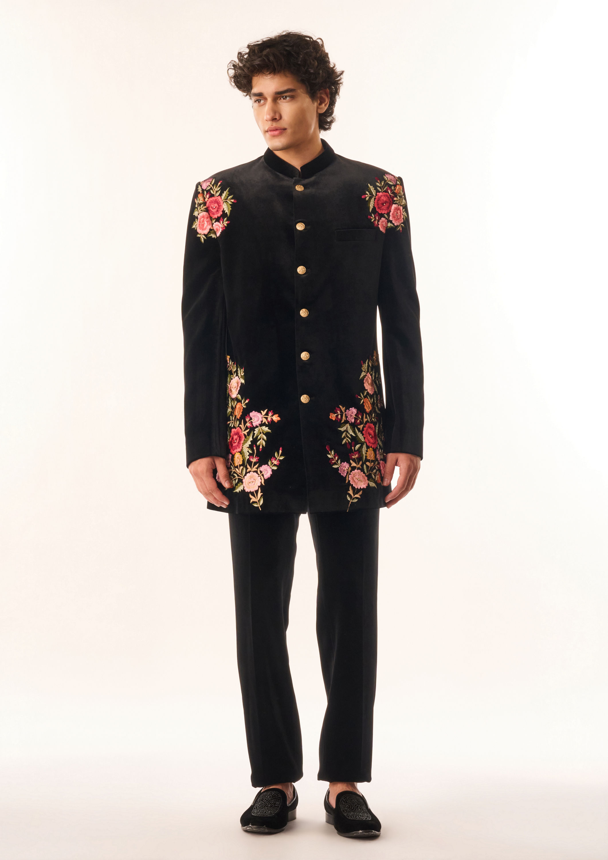 Twamev Men Black Velvet Indo Western with Floral Embroidery
