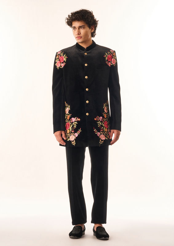 Twamev Men Black Velvet Indo Western with Floral Embroidery