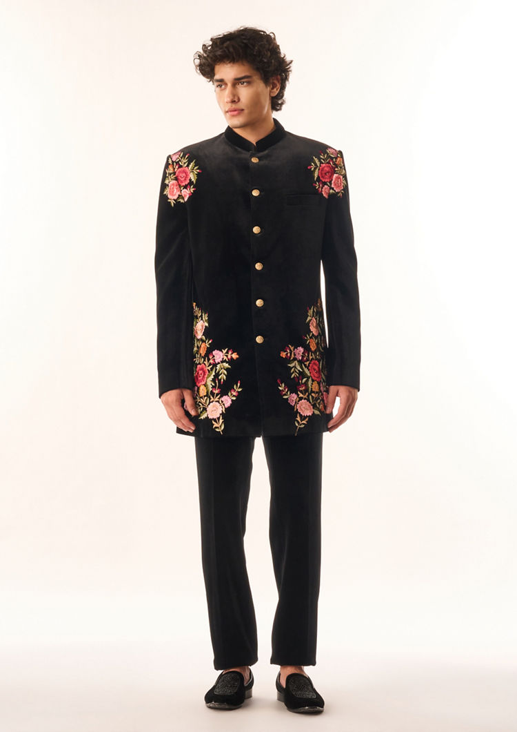 Twamev Men Black Velvet Indo Western with Floral Embroidery