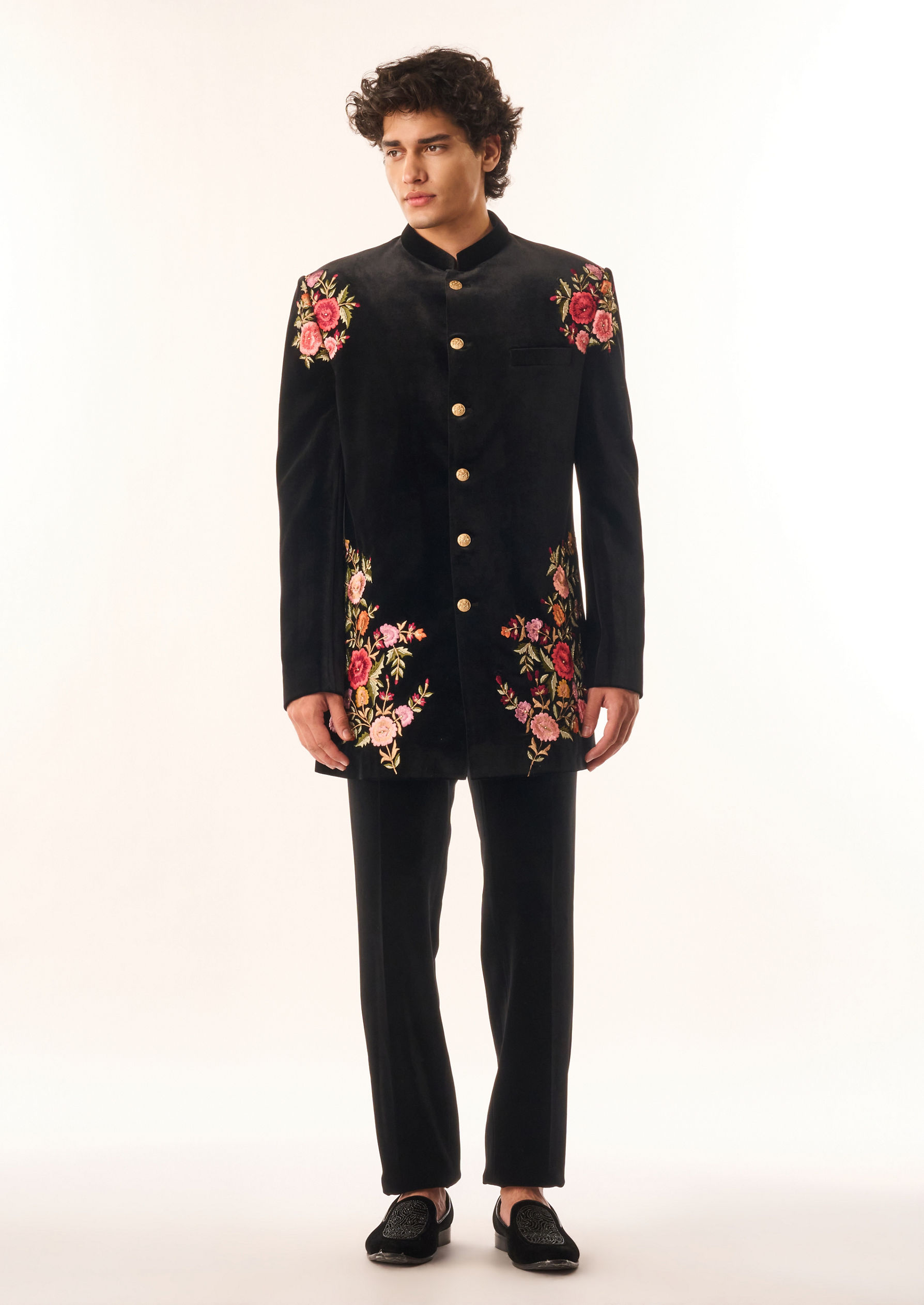 Twamev Men Black Velvet Indo Western with Floral Embroidery
