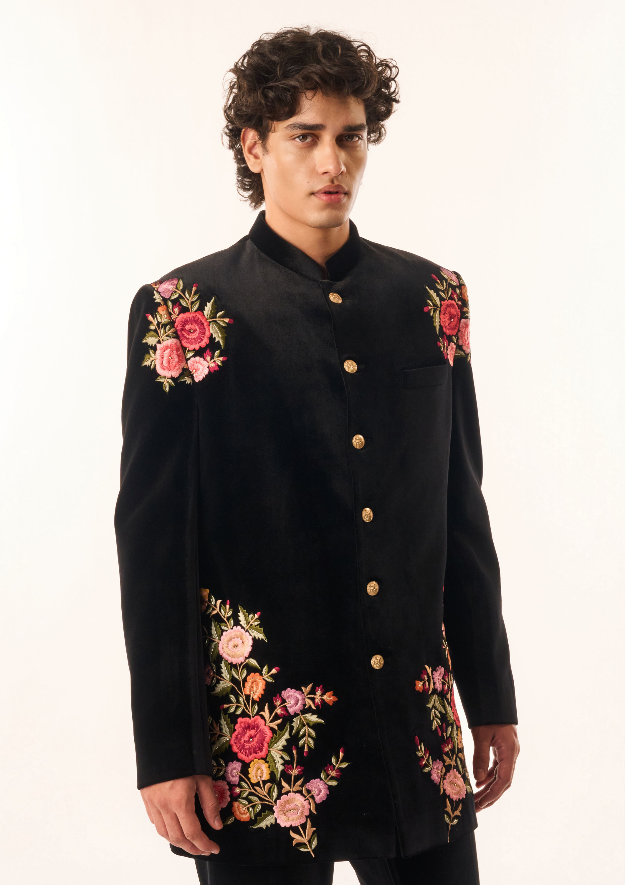 Twamev Men Black Velvet Indo Western with Floral Embroidery
