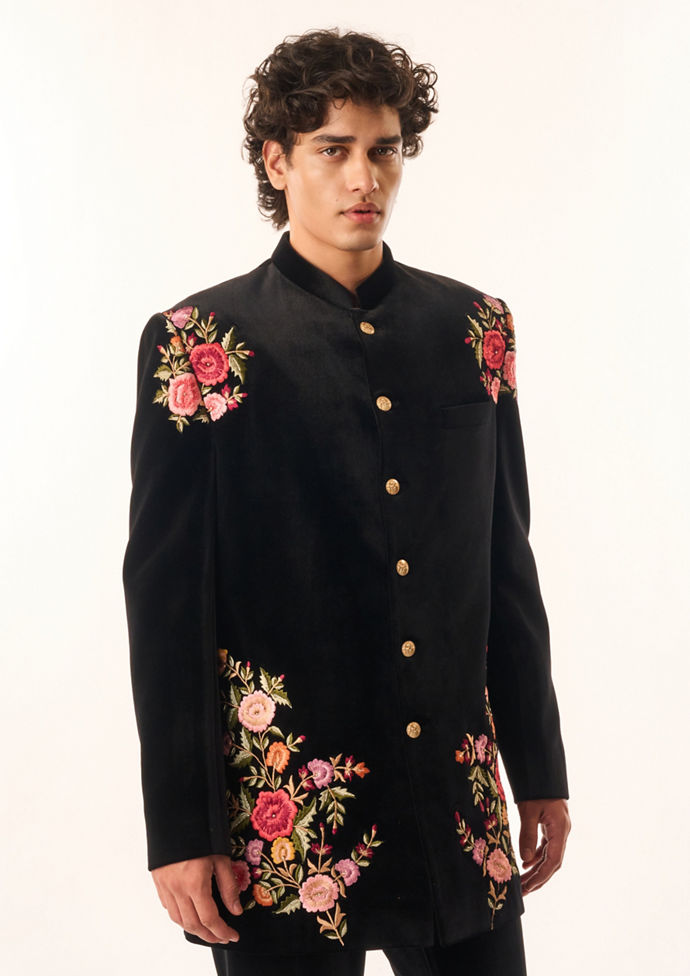 Twamev Men Black Velvet Indo Western with Floral Embroidery